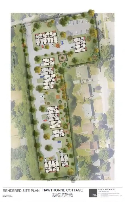 A rendered site plan of the proposed Hawthorne Cottage Senior Living Community, as presented by architect David Busch at the Oct. 14 Islip Town Planning Board meeting.